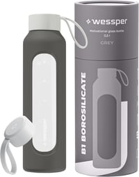 Wessper 500ml Motivációs Vizes Palack Hidratációs Skálával, Boroszilikát Üveg, Szilikon Tok, BPA Mentes - Grey 1