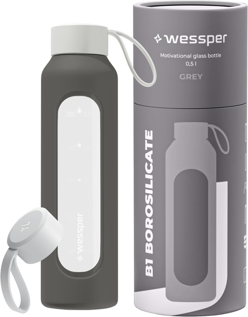 Wessper 500ml Motivációs Vizes Palack Hidratációs Skálával, Boroszilikát Üveg, Szilikon Tok, BPA Mentes - Grey