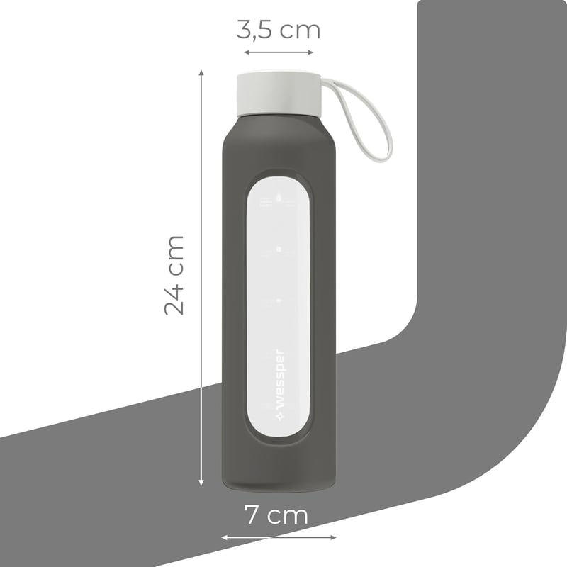 Wessper 500ml Motivációs Vizes Palack Hidratációs Skálával, Boroszilikát Üveg, Szilikon Tok, BPA Mentes - Grey