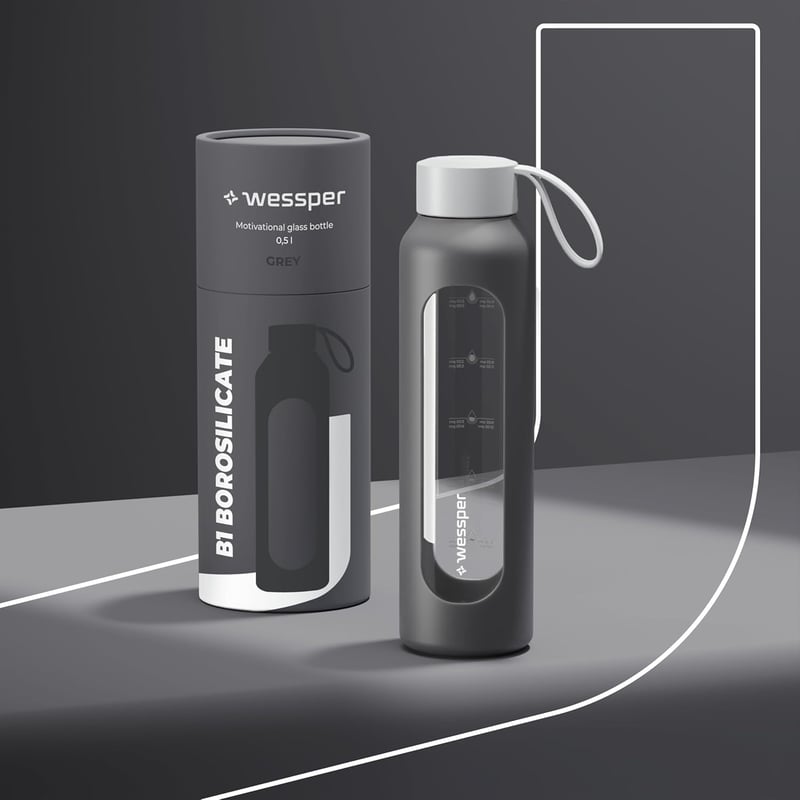 Wessper 500ml Motivációs Vizes Palack Hidratációs Skálával, Boroszilikát Üveg, Szilikon Tok, BPA Mentes - Grey