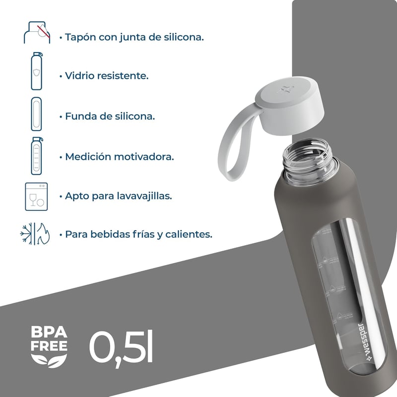 Wessper 500ml Motivációs Vizes Palack Hidratációs Skálával, Boroszilikát Üveg, Szilikon Tok, BPA Mentes - Grey