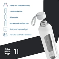 Sklenená fľaša na vodu Wessper 1 liter, motivačná fľaša, biela 2