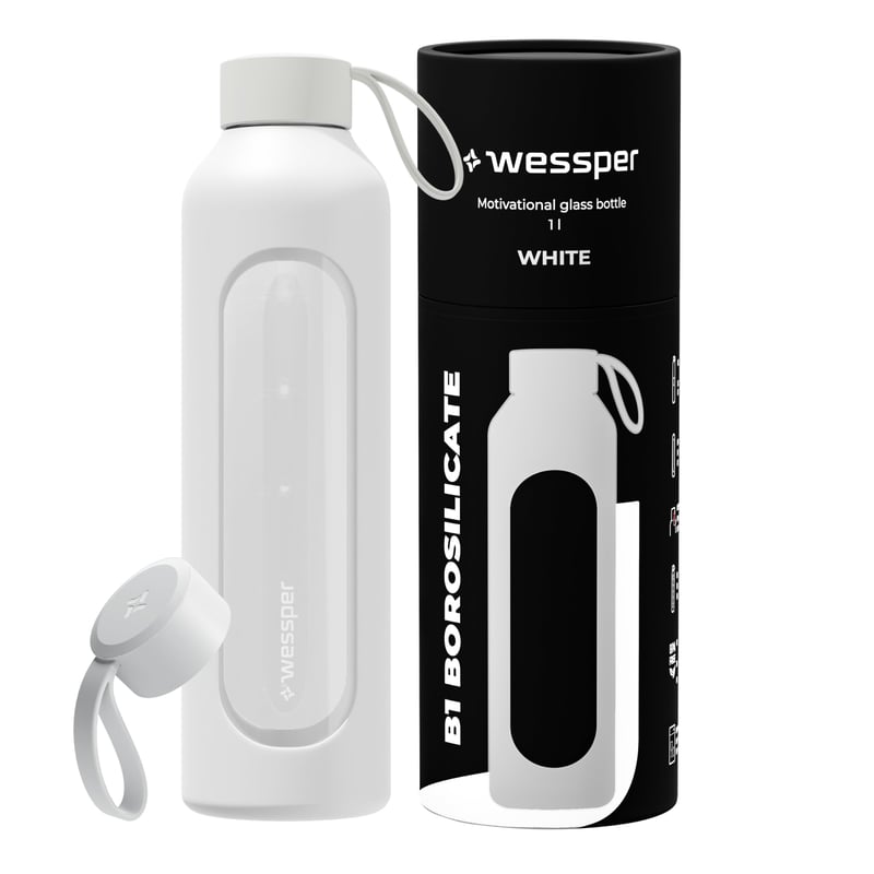 Sklenená fľaša na vodu Wessper 1 liter, motivačná fľaša, biela