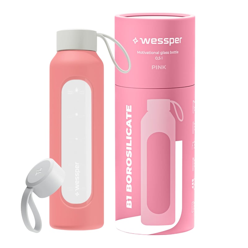 Sklenená fľaša Wessper 500 ml s ružovým silikónovým obalom, stupnicou na meranie hydratácie, vyrobená z borosilikátového skla bez obsahu BPA, motivačná fľaša na vodu