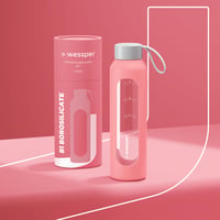 Sklenená fľaša Wessper 500 ml s ružovým silikónovým obalom, stupnicou na meranie hydratácie, vyrobená z borosilikátového skla bez obsahu BPA, motivačná fľaša na vodu 5