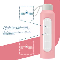Sklenená fľaša Wessper 500 ml s ružovým silikónovým obalom, stupnicou na meranie hydratácie, vyrobená z borosilikátového skla bez obsahu BPA, motivačná fľaša na vodu 3