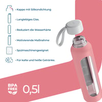 Sklenená fľaša Wessper 500 ml s ružovým silikónovým obalom, stupnicou na meranie hydratácie, vyrobená z borosilikátového skla bez obsahu BPA, motivačná fľaša na vodu 2