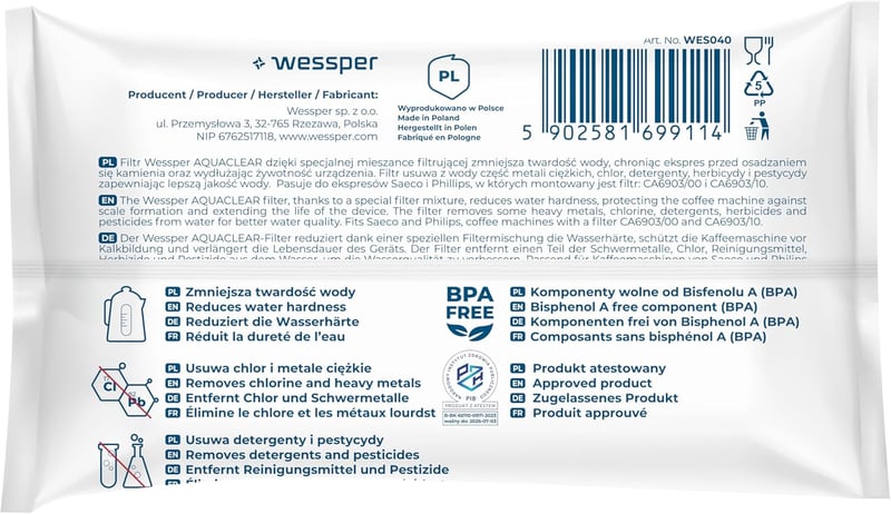 Wessper vízszűrő patron Philips Aquaclean CA6903 kávéfőzőhöz, 4 db, aktívszén