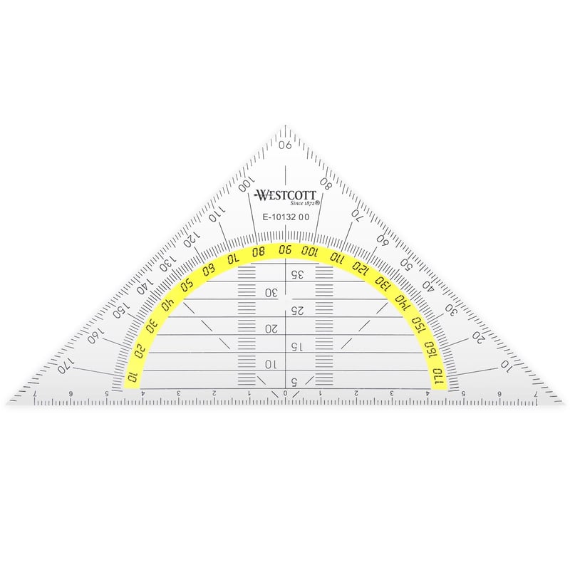 Geometrické pravítko trojuholník Westcott 14 cm, nerozbitný priehľadný plast, žltá stupnica, uhlomer, do školy a kancelárie, E-10132 00