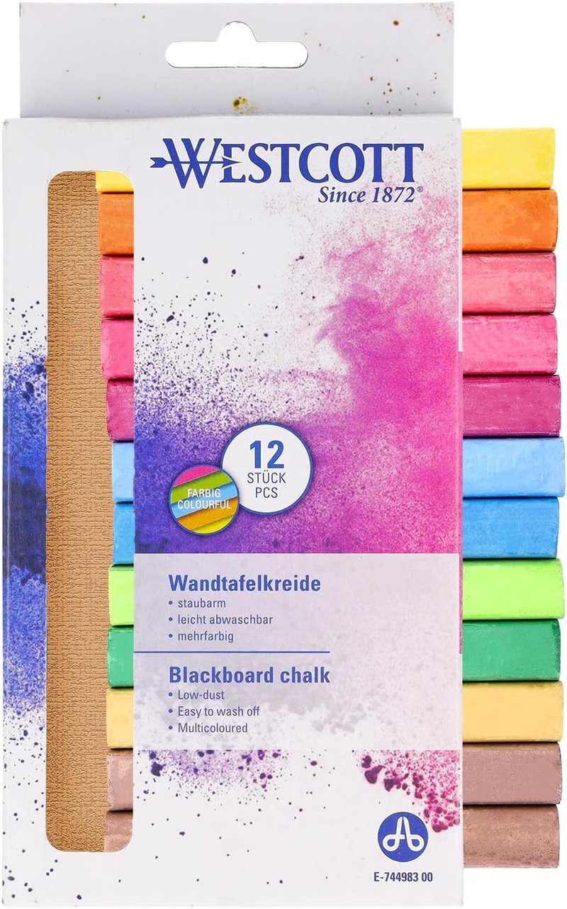 Westcott E-744983 00 táblakréta 1,2 cm átmérő, 8,5 cm - színes - 12 db