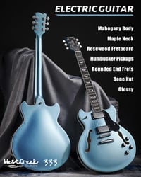 WestCreek 333 Félüreges Elektromos Gitár, Alnico Humbucker Pickupokkal, Jávorfa Test, Rózsafa Fogólap, Jumbo Érintők, Kavicskék Színben 2