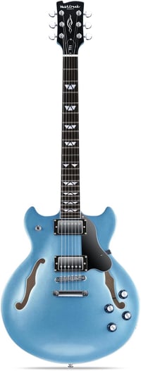 WestCreek 333 Félüreges Elektromos Gitár, Alnico Humbucker Pickupokkal, Jávorfa Test, Rózsafa Fogólap, Jumbo Érintők, Kavicskék Színben 1