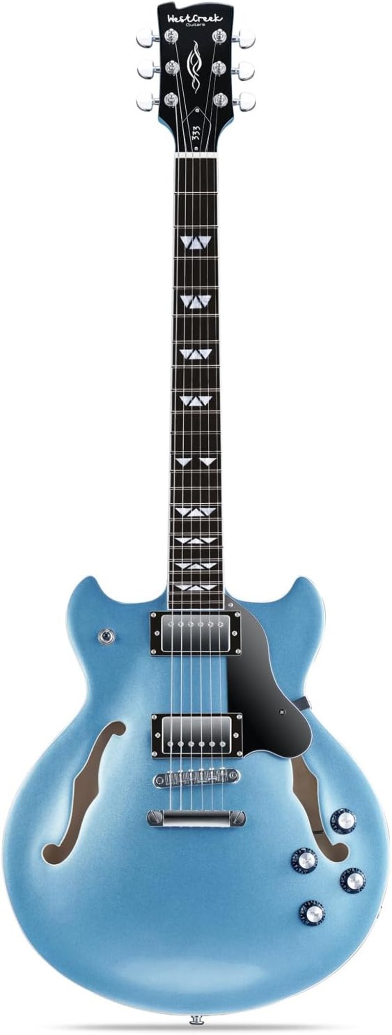 WestCreek 333 Félüreges Elektromos Gitár, Alnico Humbucker Pickupokkal, Jávorfa Test, Rózsafa Fogólap, Jumbo Érintők, Kavicskék Színben