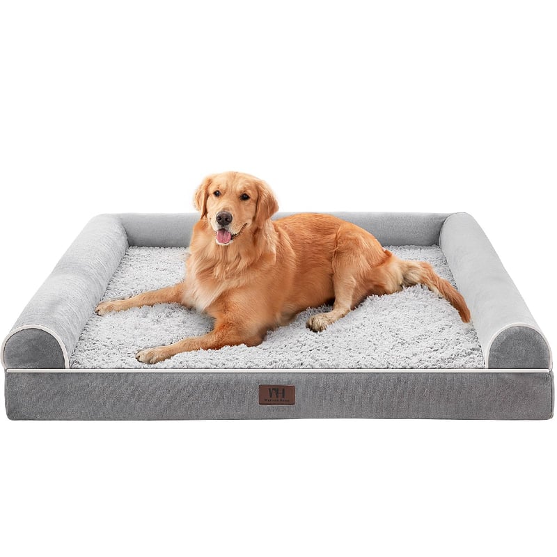 Ortopedický pelech pre psov WESTERN HOME pre veľké psy, s odnímateľným prateľným poťahom, vankúš v tvare U, vodoodolný, sivý, 91 x 68 x 16,5 cm