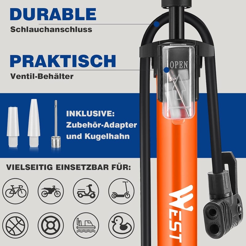 WESTGIRL Kerékpár Pumpa 11 Bar / 160 PSI - Univerzális Padlópumpa Minden Szelephez - Országúti, Hegyi és E-Bike Kompatibilis Fém Légpumpa Ad