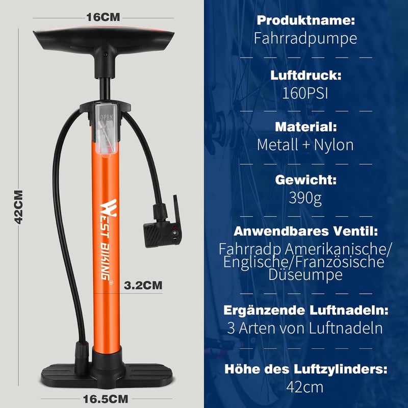 WESTGIRL Kerékpár Pumpa 11 Bar / 160 PSI - Univerzális Padlópumpa Minden Szelephez - Országúti, Hegyi és E-Bike Kompatibilis Fém Légpumpa Ad