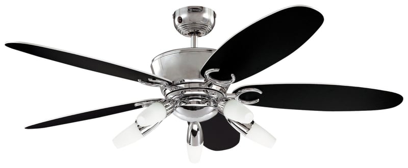 Stropný ventilátor Westinghouse Lighting Arius 72559 s 5 svetlami a 5 lopatkami, 132 cm, chróm, opálové matné sklo