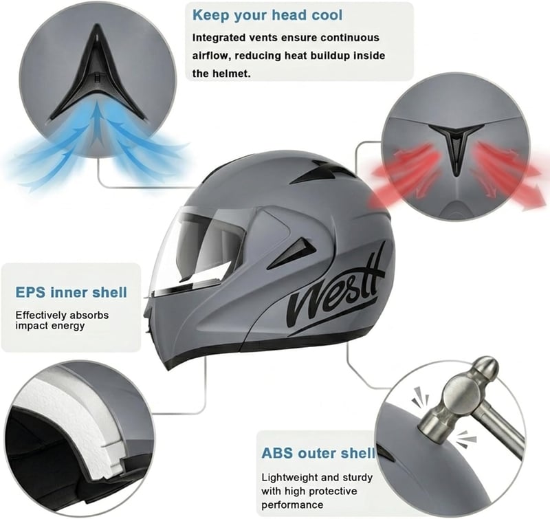 Westt ECE 22.06 Klapphelm Motorradhelm Sonnenblende Visier Damen Herren - XL, Matt grey