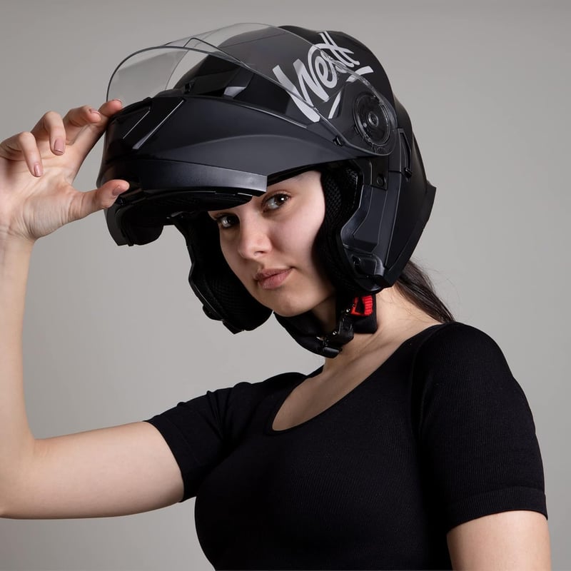 Westt flip-up teljes bukósisak férfiaknak és nőknek megerősített állrésszel, chopper moped robogóhoz, moduláris ECE 22.06 jóváhagyással, fek
