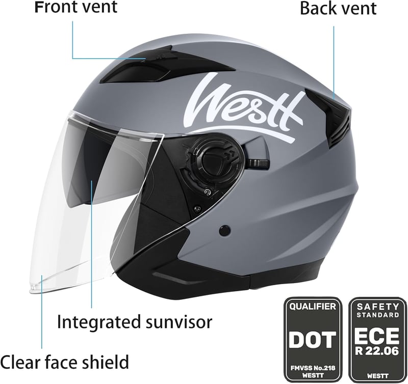 Westt Jet Bukósisak Dupla Napellenzővel - M méret Motorkerékpár, Robogó, Chopper Félnyitott Sisak ECE DOT Tanúsítvánnyal