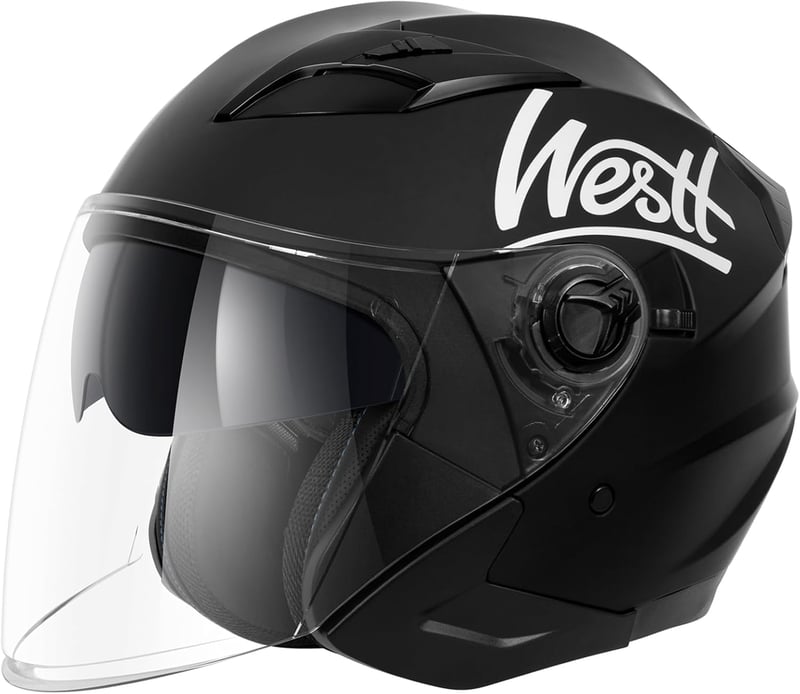 Westt Jet Motoros Bukósisak Dupla Napellenzővel L méret  - ECE Tanúsított Nyitott Sisak Férfiaknak és Nőknek, Robogóhoz, Chopper Motorhoz, ABS Héj, 