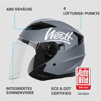 Otvorená motocyklová prilba Westt Jet s dvojitou slnečnou clonou a šiltom, certifikácia ECE 22.06, pánska/dámska, čierna/sivá/biela 4