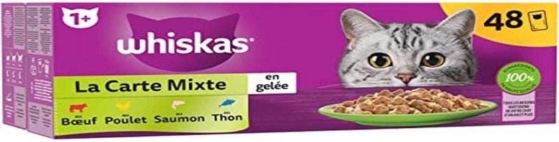 WHISKAS Meal 48 db Friss Tasak Vegyes Válogatás Felnőtt Macskaeledel Zselében - 4.08 kg (Pack of 1), The Mixed Card