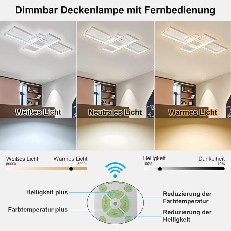 WHLL Mennyezeti LED Lámpa 105 cm 72W - Távirányítós, Szabályozható Fényerő, 3000K-6500K Színhőmérséklet, Modern Geometriai Dizájn, Nappali,