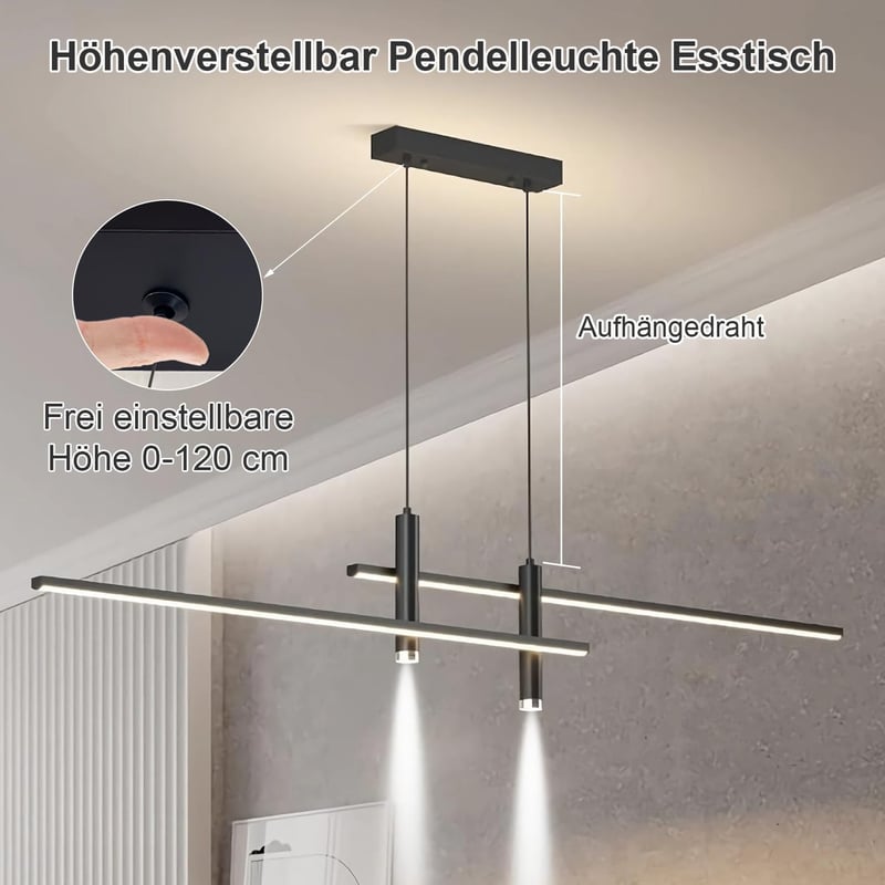 WHLL Modern LED Csillár Étkezőasztalhoz, Dimmelhető Függőlámpa, Magasságállítható Fekete