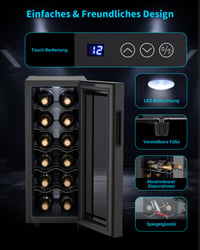 Răcitor de vinuri WIE, 12 sticle, 33 litri, 8-18°C, minivitrină pentru vinuri cu ușă de sticlă, panou tactil LED, filtru UV, răcitor de băuturi silențios 3