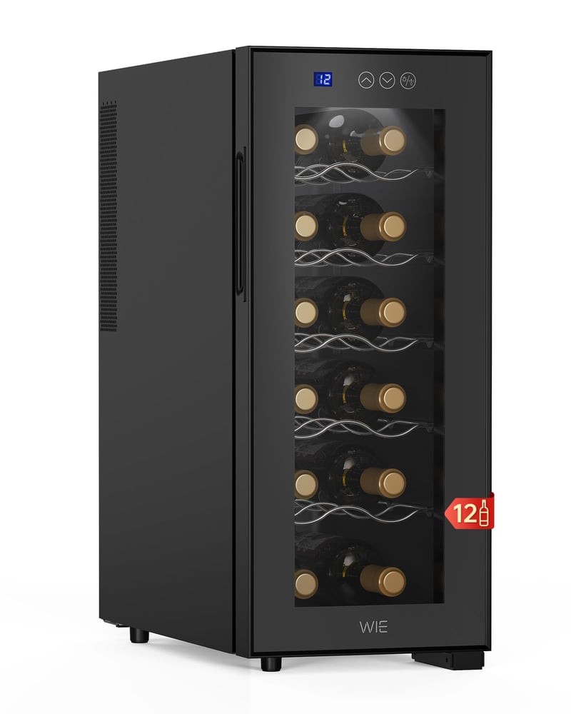 Răcitor de vinuri WIE, 12 sticle, 33 litri, 8-18°C, minivitrină pentru vinuri cu ușă de sticlă, panou tactil LED, filtru UV, răcitor de băuturi silențios