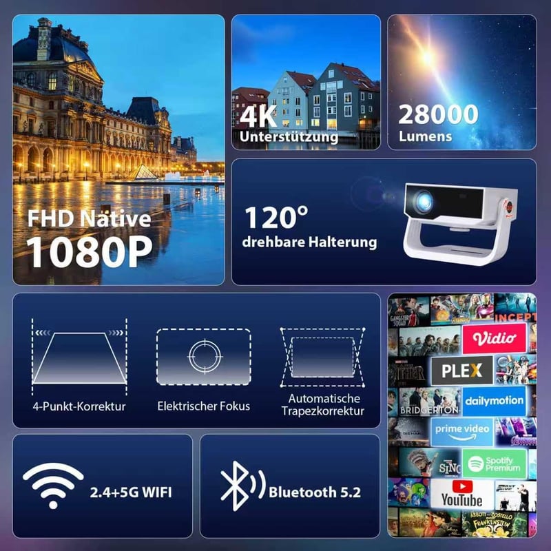Wielio 4K Smart Projektor 25000 Lumen, Android 11, WiFi 6, Elektromos Fókusz