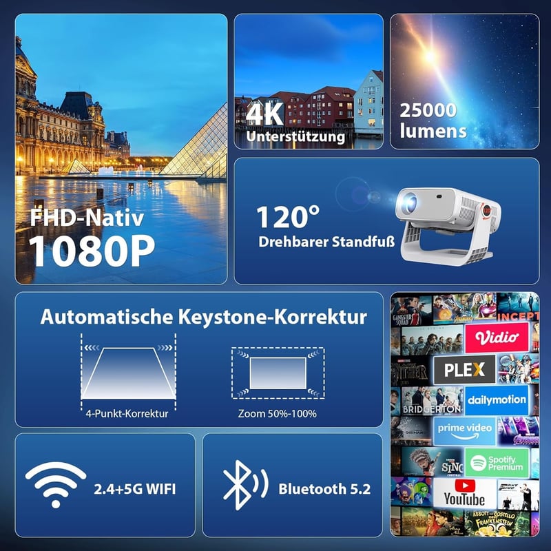 Wielio Smart Projector Full HD 1080P 4K 25000 Lumens Otthoni Mozi