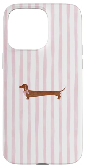 Husă iPhone 15 Pro Max cu model de șoricel, design minimalist cu cățeluș drăguț, dungi roz, pentru iubitorii de teckeli