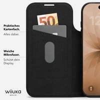 Puzdro WIIUKA pre iPhone 17 Pro Max, nemecká koža, s priehradkou na karty, extra tenké, s funkciou stojana, čierne, kožené flipové puzdro 4