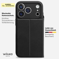 Puzdro WIIUKA pre iPhone 17 Pro Max, nemecká koža, s priehradkou na karty, extra tenké, s funkciou stojana, čierne, kožené flipové puzdro 3