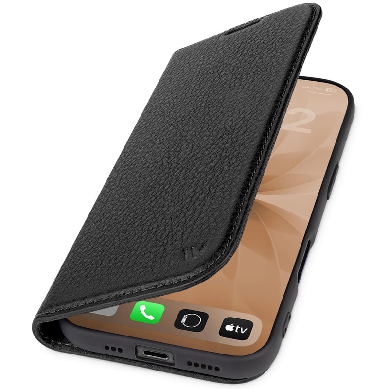 Puzdro WIIUKA pre iPhone 17 Pro Max, nemecká koža, s priehradkou na karty, extra tenké, s funkciou stojana, čierne, kožené flipové puzdro