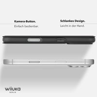 Puzdro WIIUKA pre iPhone 17 Pro Max, nemecká koža, s priehradkou na karty, extra tenké, s funkciou stojana, čierne, kožené flipové puzdro 5