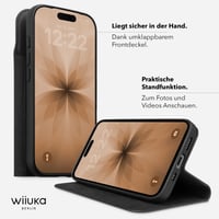Puzdro WIIUKA pre iPhone 17 Pro Max, nemecká koža, s priehradkou na karty, extra tenké, s funkciou stojana, čierne, kožené flipové puzdro 6