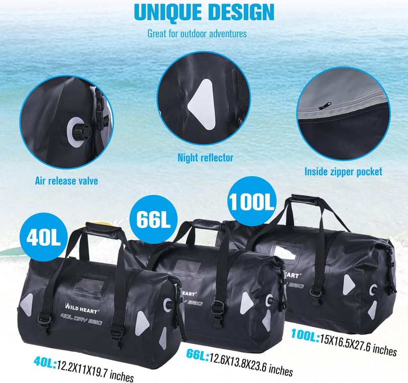 WILD HEART vízálló utazótáska 40L 66L 100L PVC500D kötéllel kempinghez kajak motorozáshoz - 100 l, Black