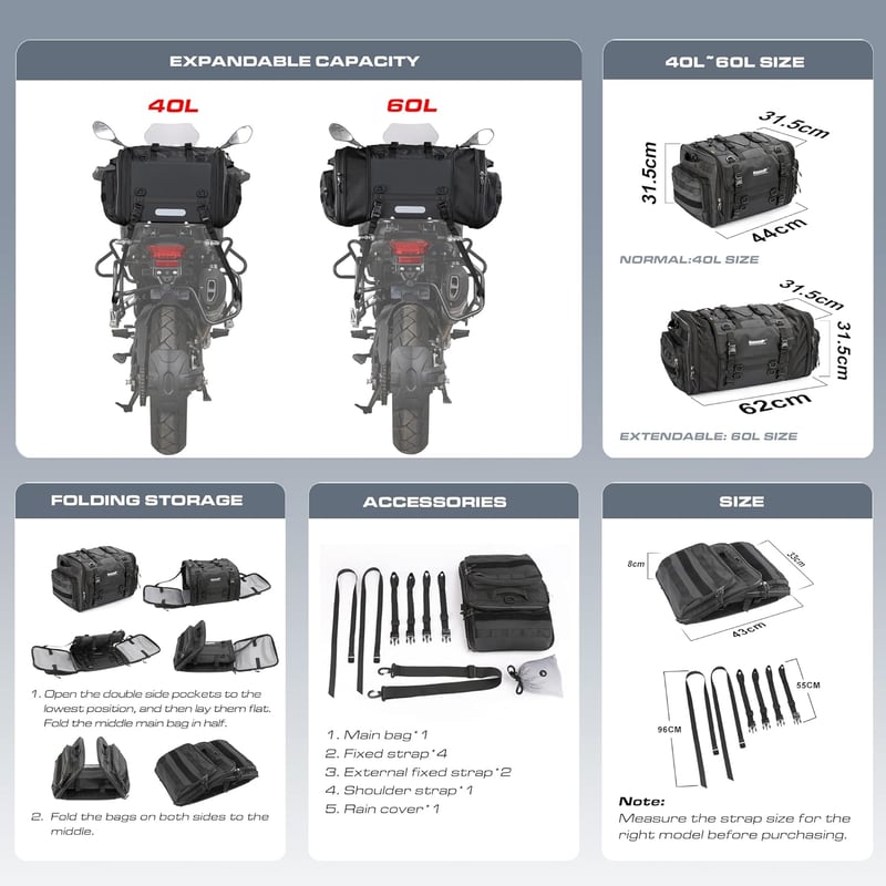 Wildken motoros hátsó táska 40-60L vízálló nyereg táska esővédővel