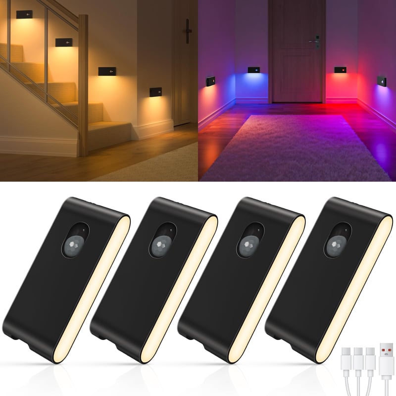 Lumină de noapte WILLED cu RGB și alb cald, cu senzor de mișcare, iluminat reîncărcabil pentru scări, lampă LED cu 3 moduri pentru copii, potrivită pentru scări, holuri și dormitoare