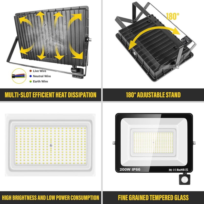 Willpower 200W 20000 lm LED reflektor mozgásérzékelővel, 6000K hideg fehér, IP66 vízálló