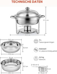Wilprep 2 db-os Rozsdamentes Acél Ételmelegítő Szett 5L - Chafing Dish Ételmelegen Tartó Tálak Büfékhez, Rendezvényekhez, Éttermekhez 7
