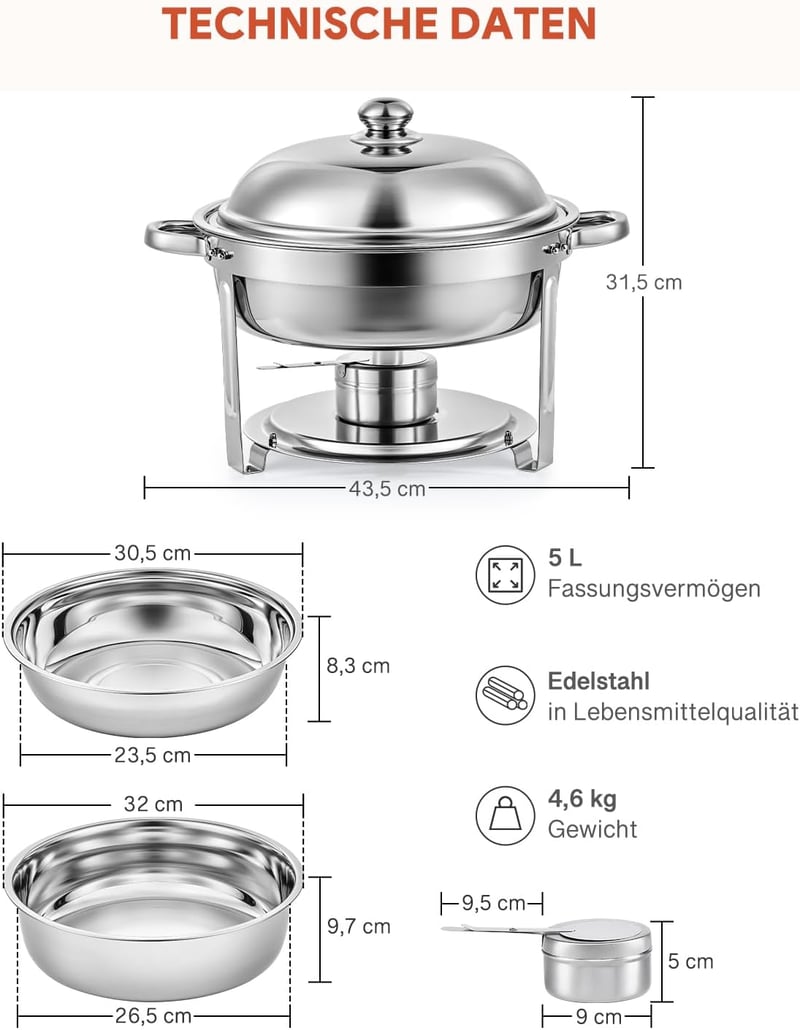 Wilprep 2 db-os Rozsdamentes Acél Ételmelegítő Szett 5L - Chafing Dish Ételmelegen Tartó Tálak Büfékhez, Rendezvényekhez, Éttermekhez