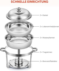 Wilprep 2 db-os Rozsdamentes Acél Ételmelegítő Szett 5L - Chafing Dish Ételmelegen Tartó Tálak Büfékhez, Rendezvényekhez, Éttermekhez 6