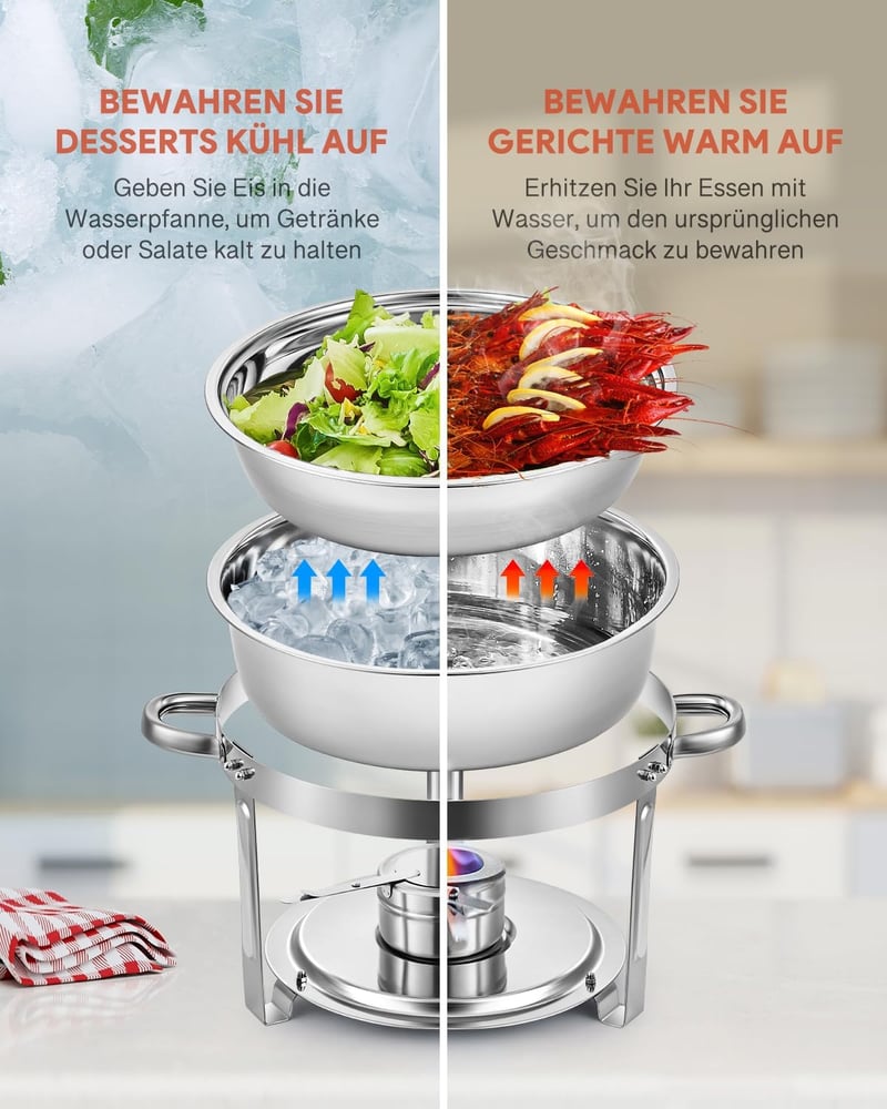 Wilprep 2 db-os Rozsdamentes Acél Ételmelegítő Szett 5L - Chafing Dish Ételmelegen Tartó Tálak Büfékhez, Rendezvényekhez, Éttermekhez