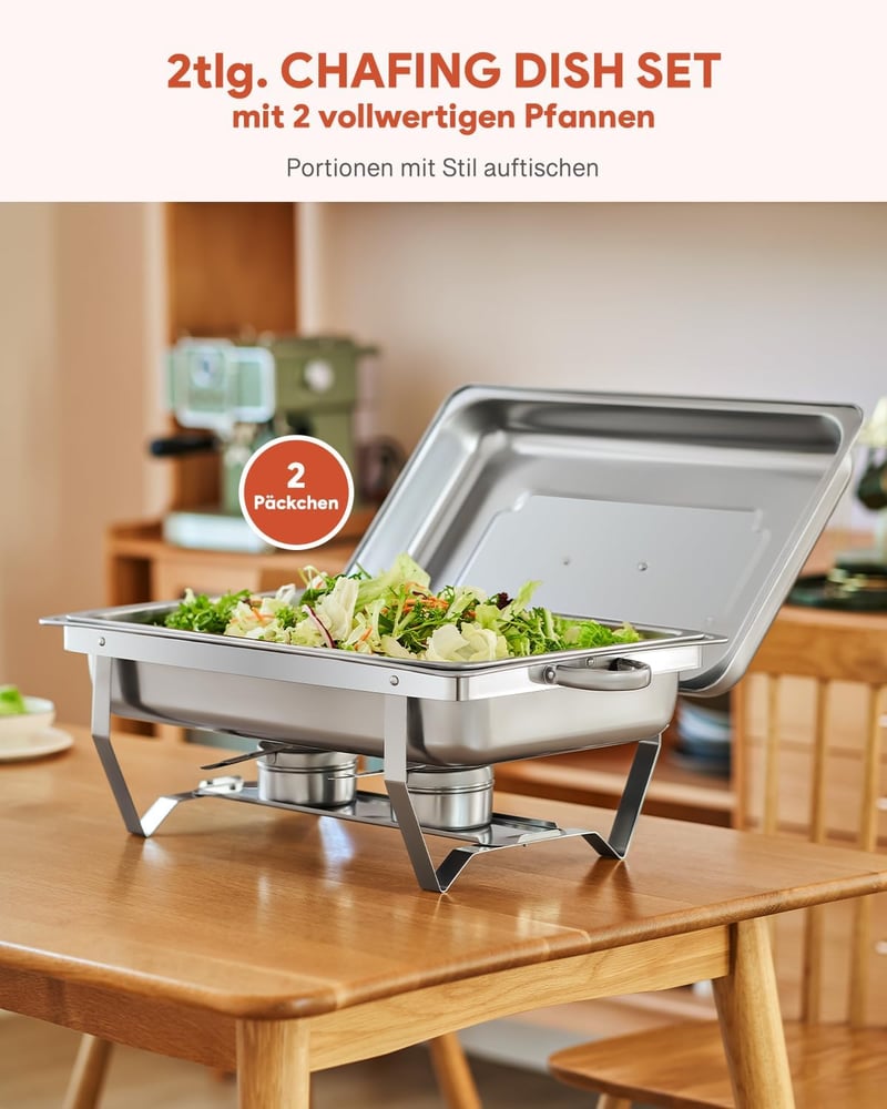 Wilprep Ételmelegítő Chafing Dish 9L - 2 db Rozsdamentes Acél Melegentartó Edény Szett 85°C-ig, Catering Büfé Rendezvény Kellék, Ezüst