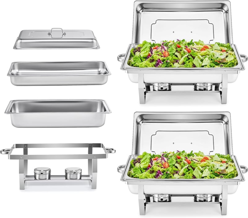 Wilprep Ételmelegítő Chafing Dish 9L - 2 db Rozsdamentes Acél Melegentartó Edény Szett 85°C-ig, Catering Büfé Rendezvény Kellék, Ezüst