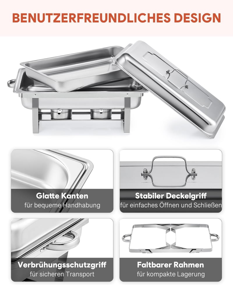 Wilprep Ételmelegítő Chafing Dish 9L - 2 db Rozsdamentes Acél Melegentartó Edény Szett 85°C-ig, Catering Büfé Rendezvény Kellék, Ezüst